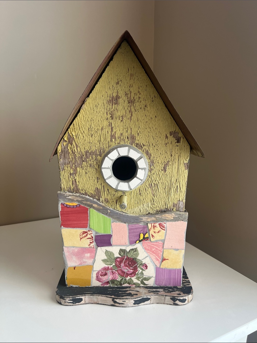 Hand-Painted Patchwork Wooden Birdhouse - Yellow & Multicolor